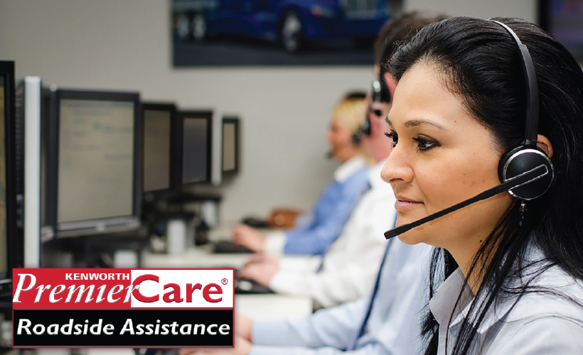 Kenworth customer service employee wearing a microphone headset working at a call center