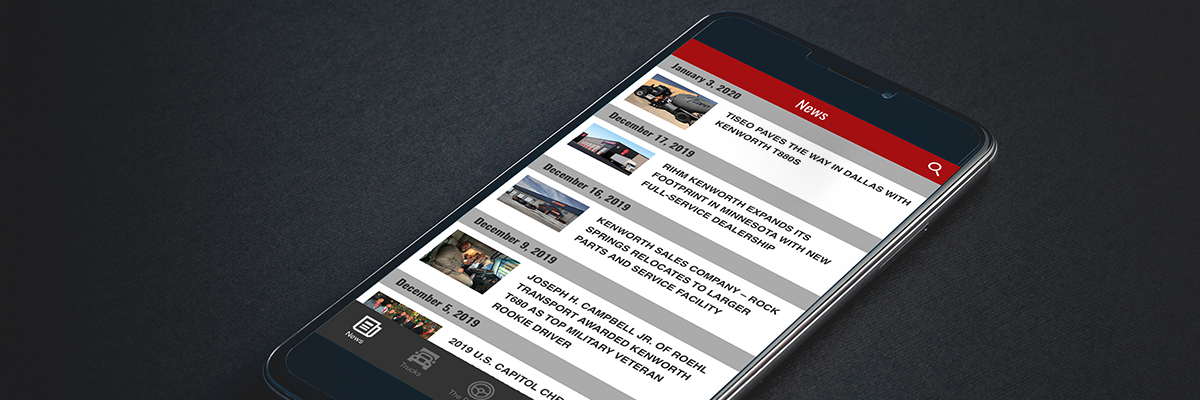 Mobile device with the news section of the Kenworth Essentials app